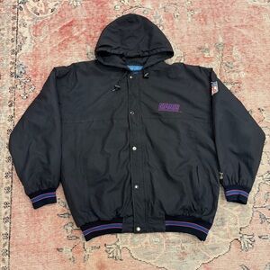 Vintage Starter New York Giants Jacket XL NFL Hooded Puffer Coat Black Blue USA